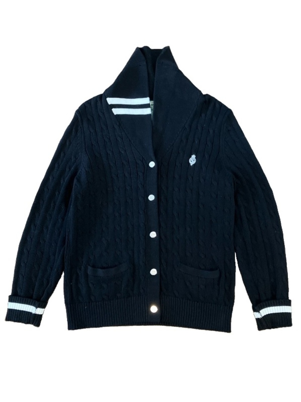 Ralph Lauren XL Cable Knit Snap Sweater Cardigan Black Classic Preppy Essentials